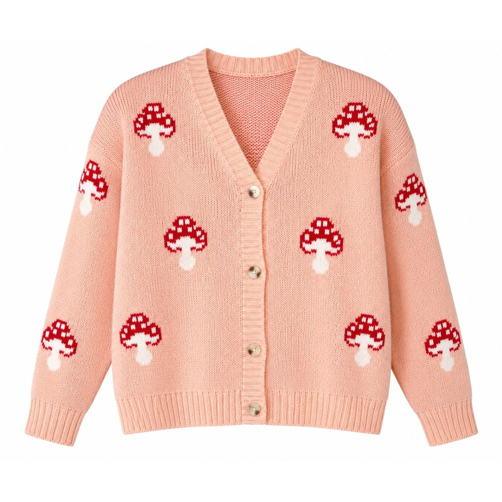 Pink Mushroom Cardigan Teen Y2K Pink Red Fairycore Toadstool Knit Cottagecore
